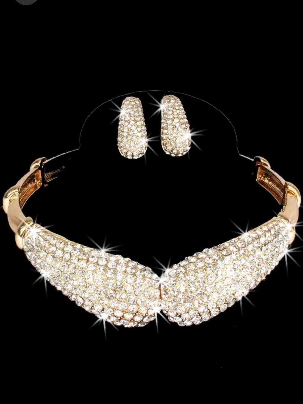 NEW Pave Crystal rhinestone cz BLING Statement Choker Necklace Earring Set Gold